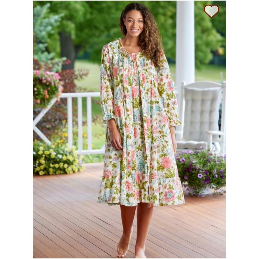 Ella Simone Floral Pintuck Nightgown Pink Blue Green Long Sleeve Ruffle Hem 2X
